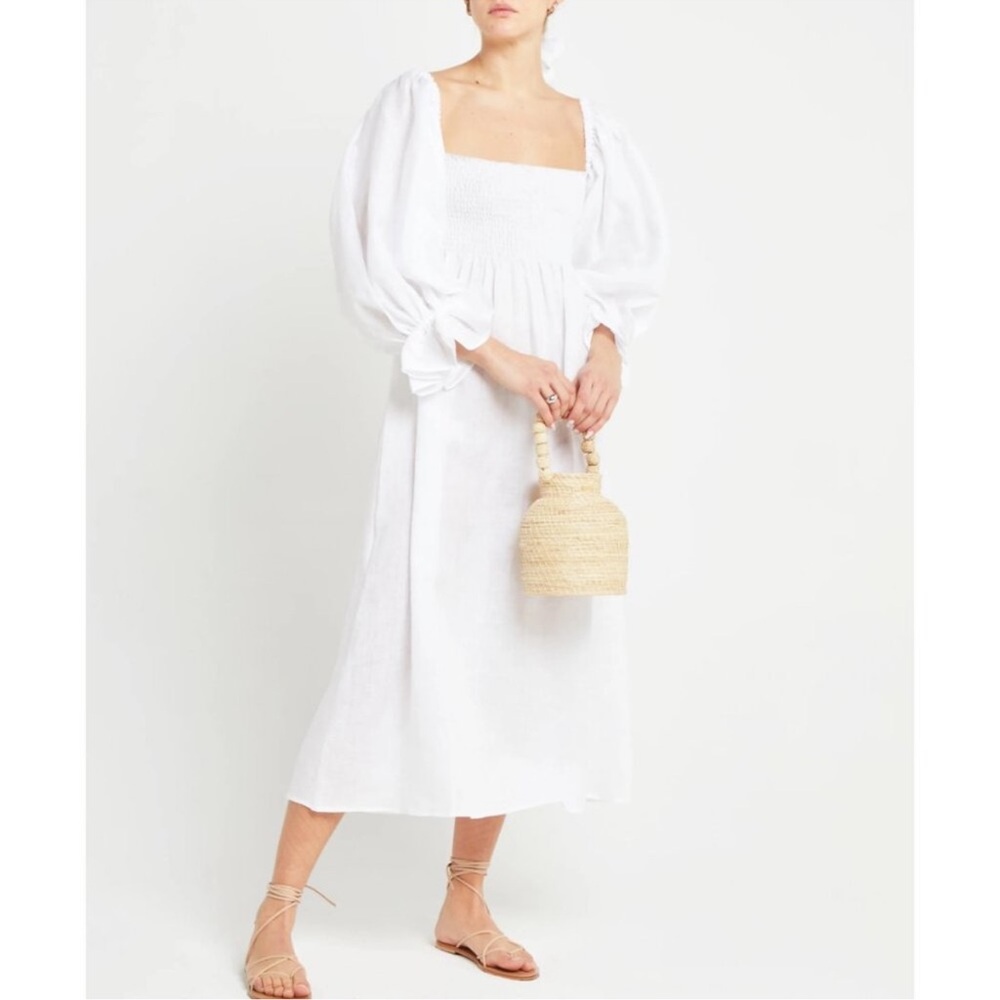 White Midi Sundress with Bishop Sleeves and Square Neck